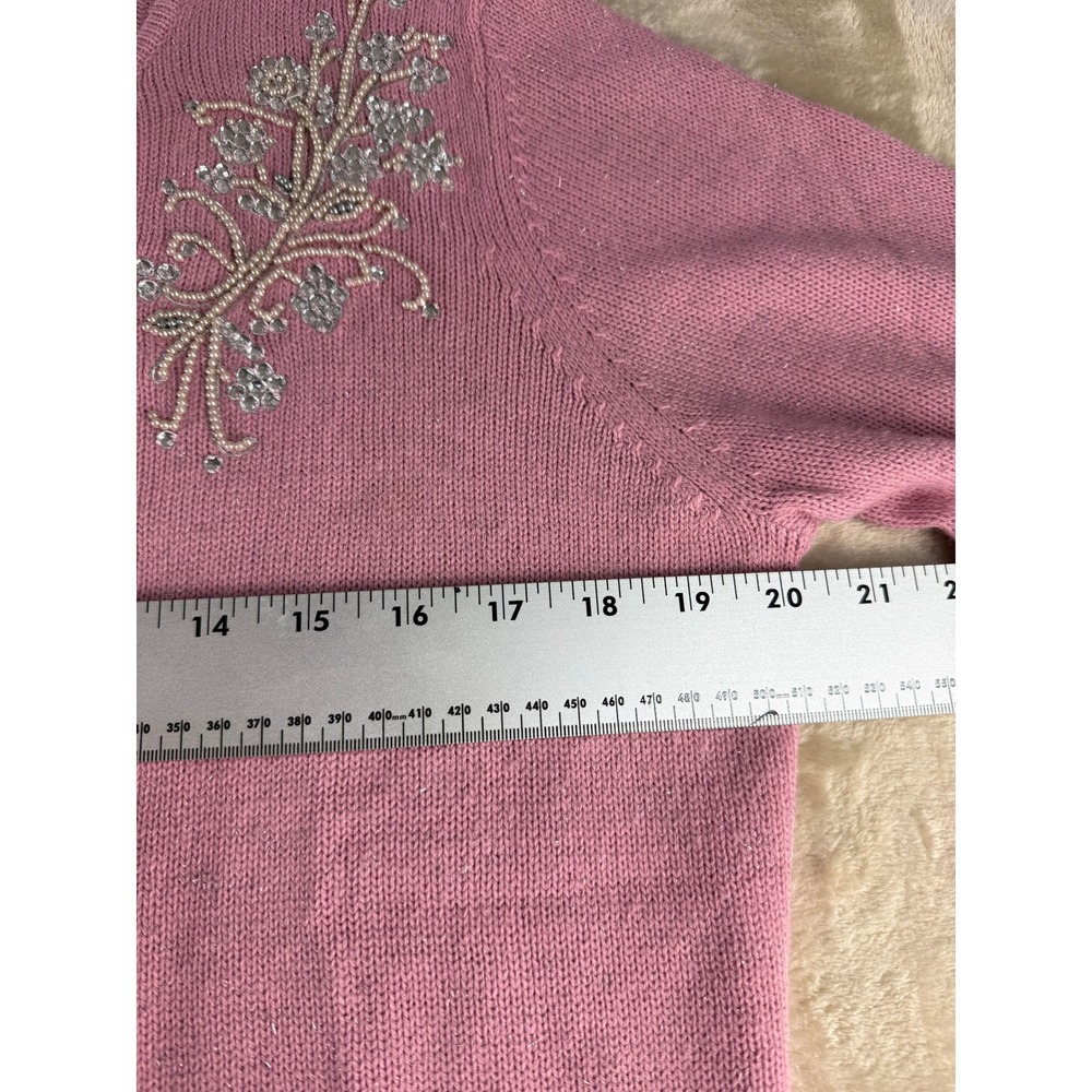 Nordstrom Pink Beaded Floral Cardigan Sweater Metallic Shimmer Rhinestone Large - Picture 10 of 17